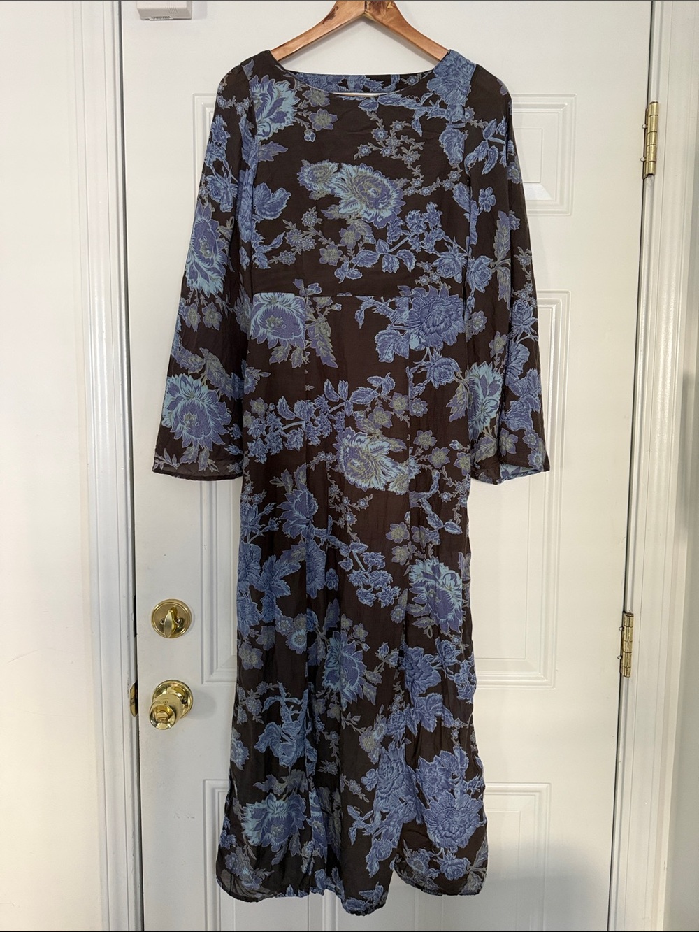 Free People Black Midi Dress with Blue Floral Print